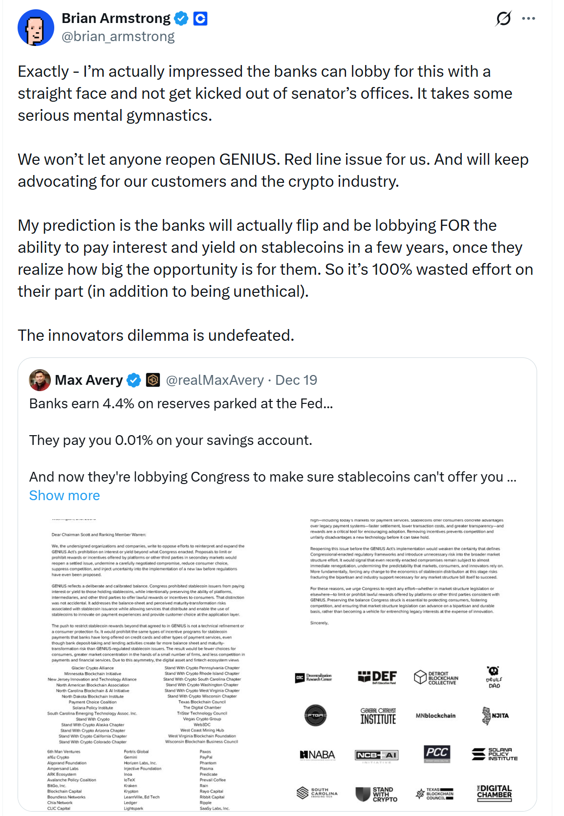 Coinbase CEO: Reopening GENIUS Act Is a ‘Red Line’ for Crypto.