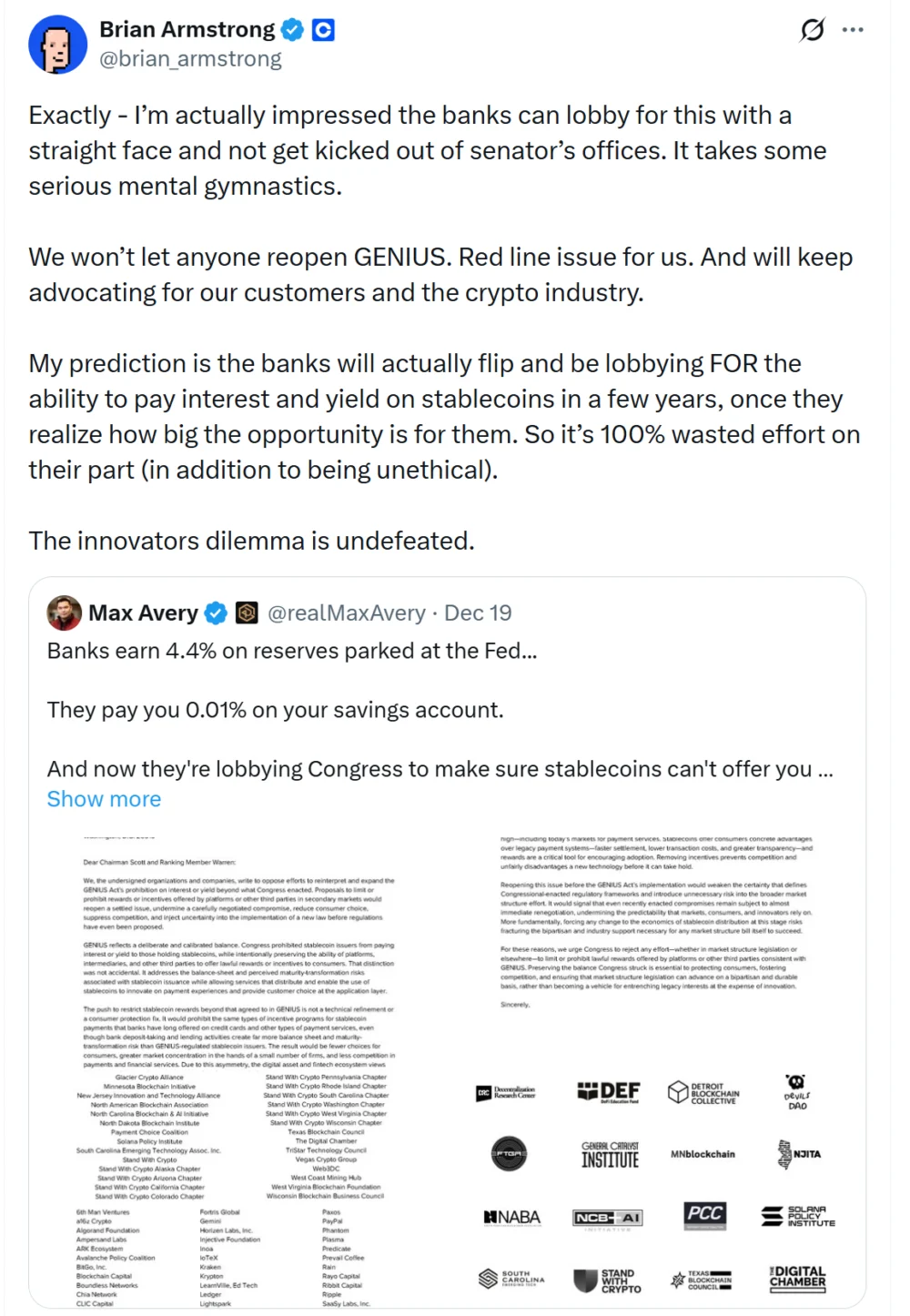 Coinbase CEO: Reopening GENIUS Act Is a ‘Red Line’ for Crypto.