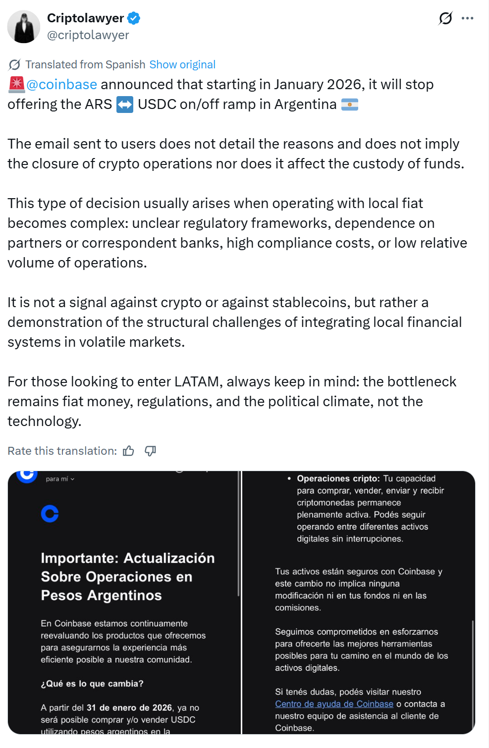 Coinbase Pauses Fiat Operations in Argentina After Less Than a Year.