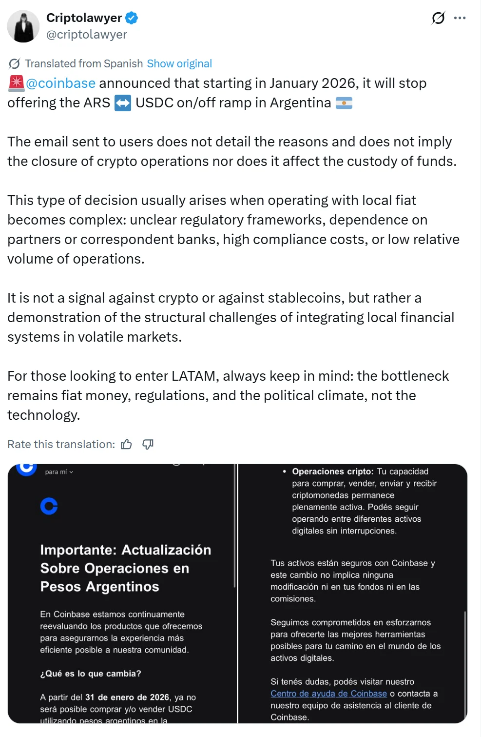 Coinbase Pauses Fiat Operations in Argentina After Less Than a Year.
