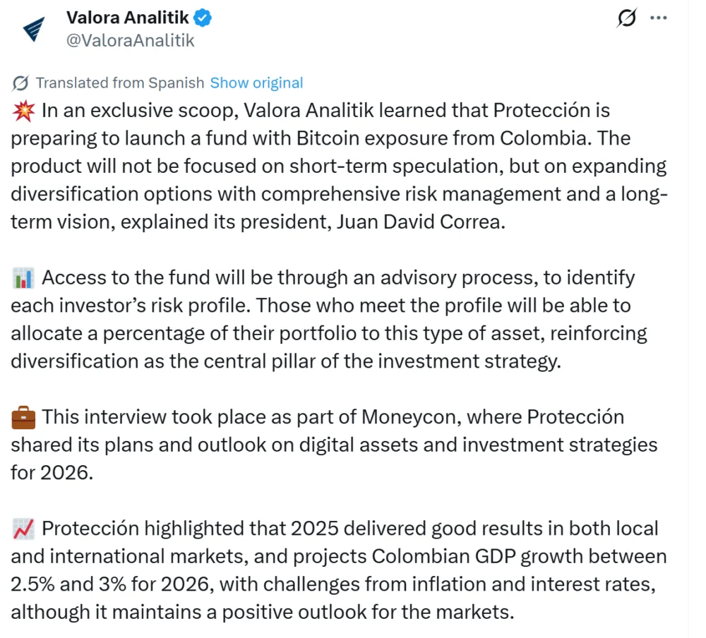Colombia Pension Giant AFP Protección Adds Bitcoin Exposure.
