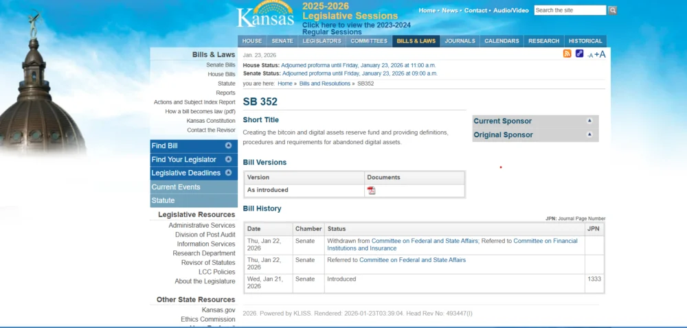 Kansas Bill Eyes Bitcoin Reserve From Unclaimed Crypto Assets.