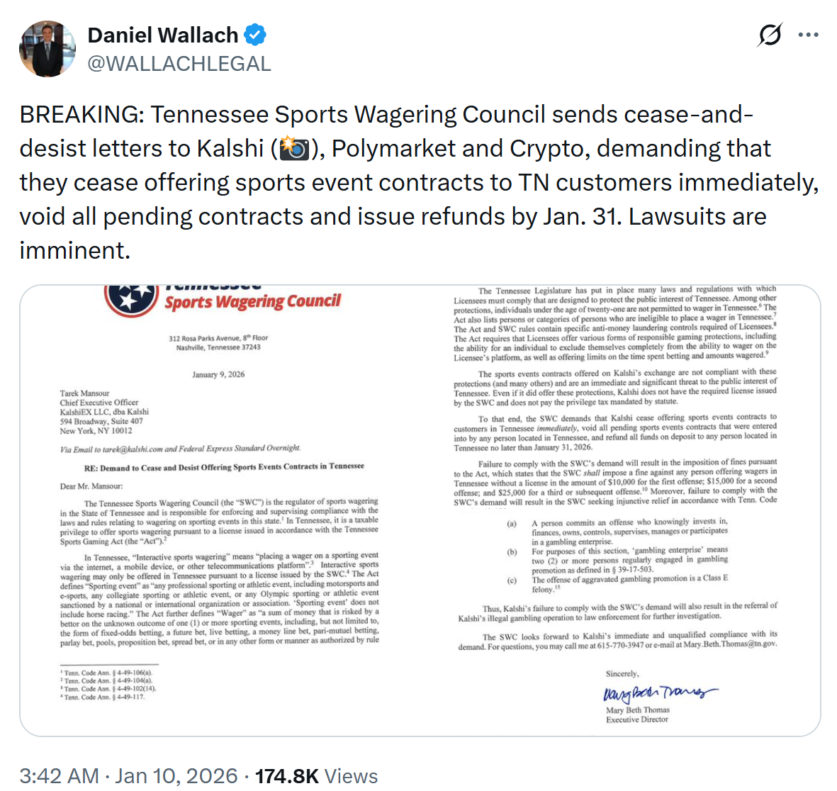 Tennessee Orders Kalshi, Polymarket, Crypto.com to Halt Sports Betting