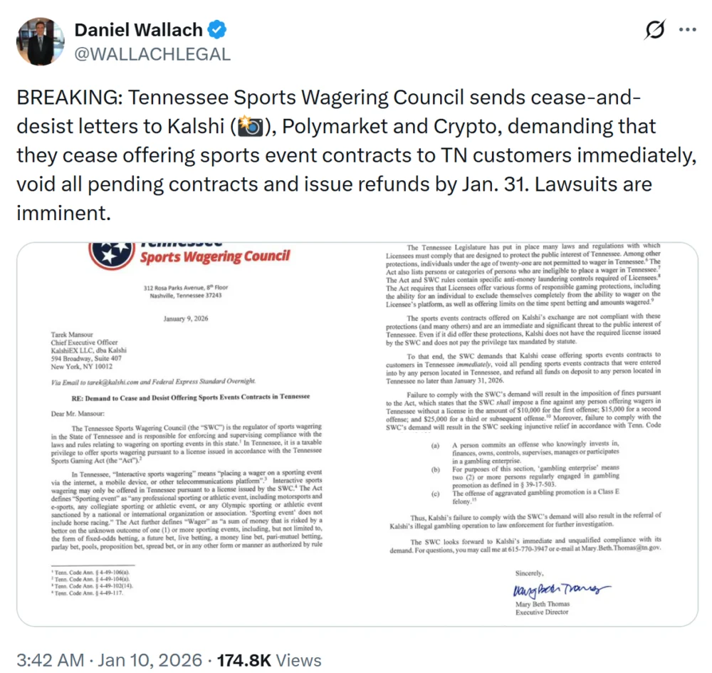 Tennessee Orders Kalshi, Polymarket, Crypto.com to Halt Sports Betting