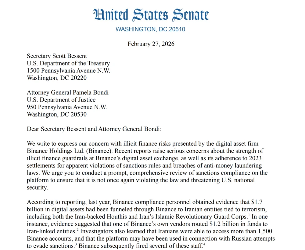 11 US Senators Urge Probe Into Binance’s AML Controls