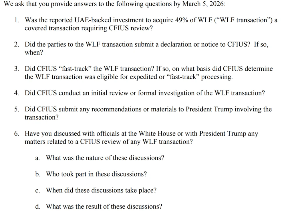 Senators Urge CFIUS Probe of $500M UAE Stake in Trump-Linked WLFI