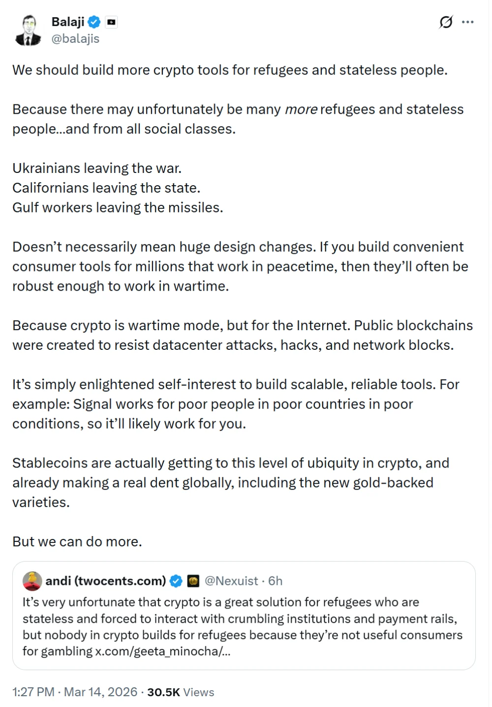 Balaji Urges Crypto Industry to Build Tools for Refugees.