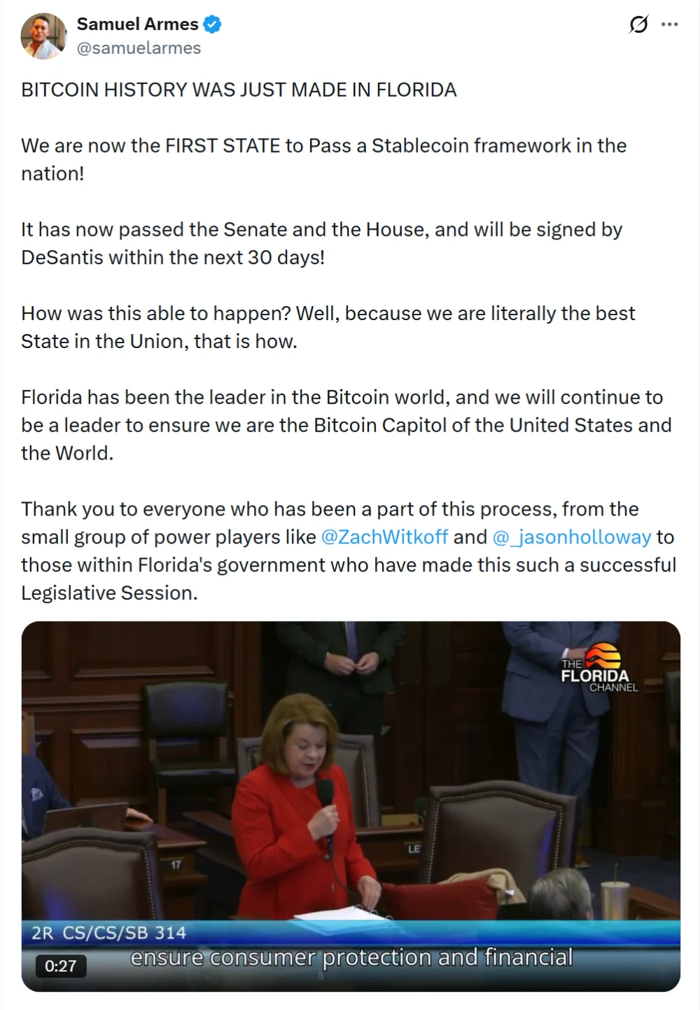 Florida Senate Approves First Stablecoin Bill, Awaits DeSantis’ Signature